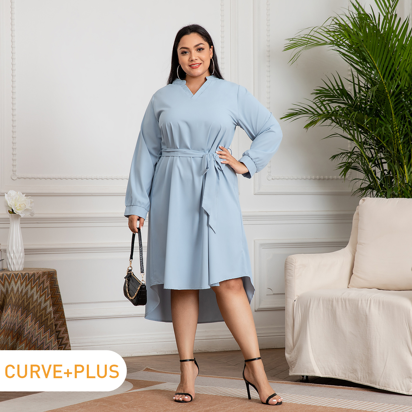 

Women Plus Size Elegant V Neck Tie Belt High Low Long-sleeve Shirt Midi Dress