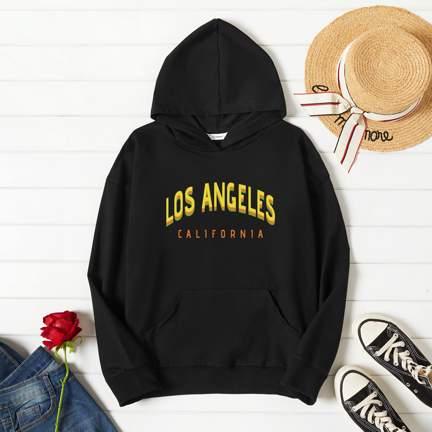 

Graphic Black Long-sleeve Hooded Pullover For Women