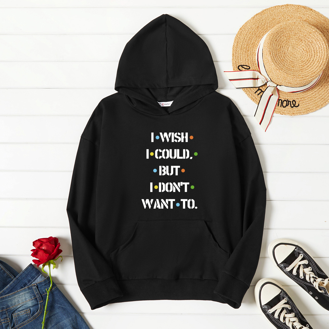 

Graphic Black Long-sleeve Hooded Pullover For Women