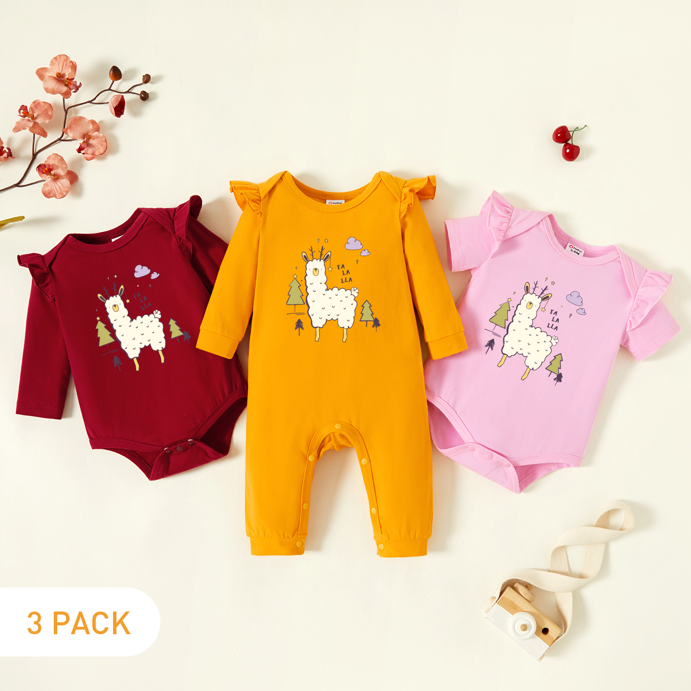 

3-Pack Baby Graphic Flutter-sleeve Romper and Jumpsuit Set