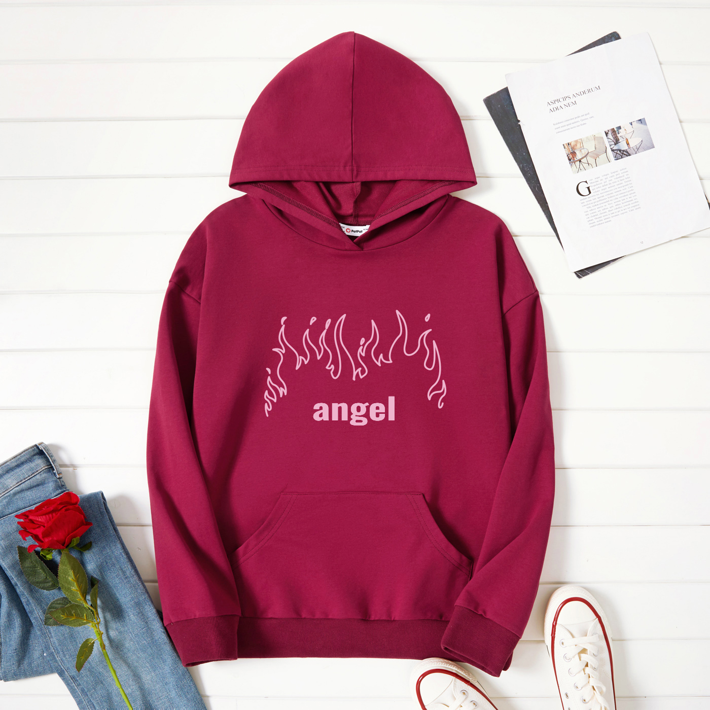 

Graphic Burgundy Long-sleeve Hooded Pullover For Women