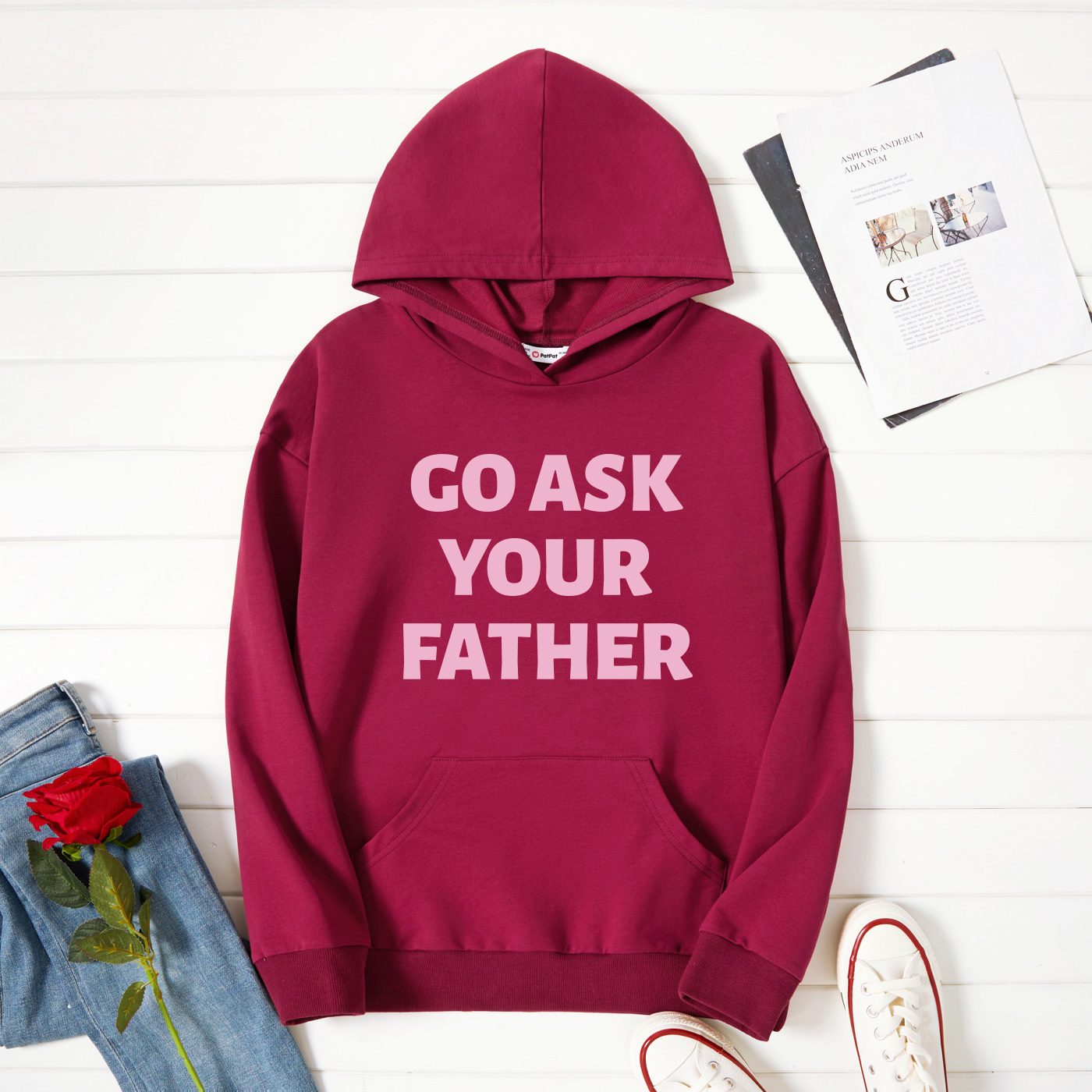 

Graphic Burgundy Long-sleeve Hooded Pullover For Women