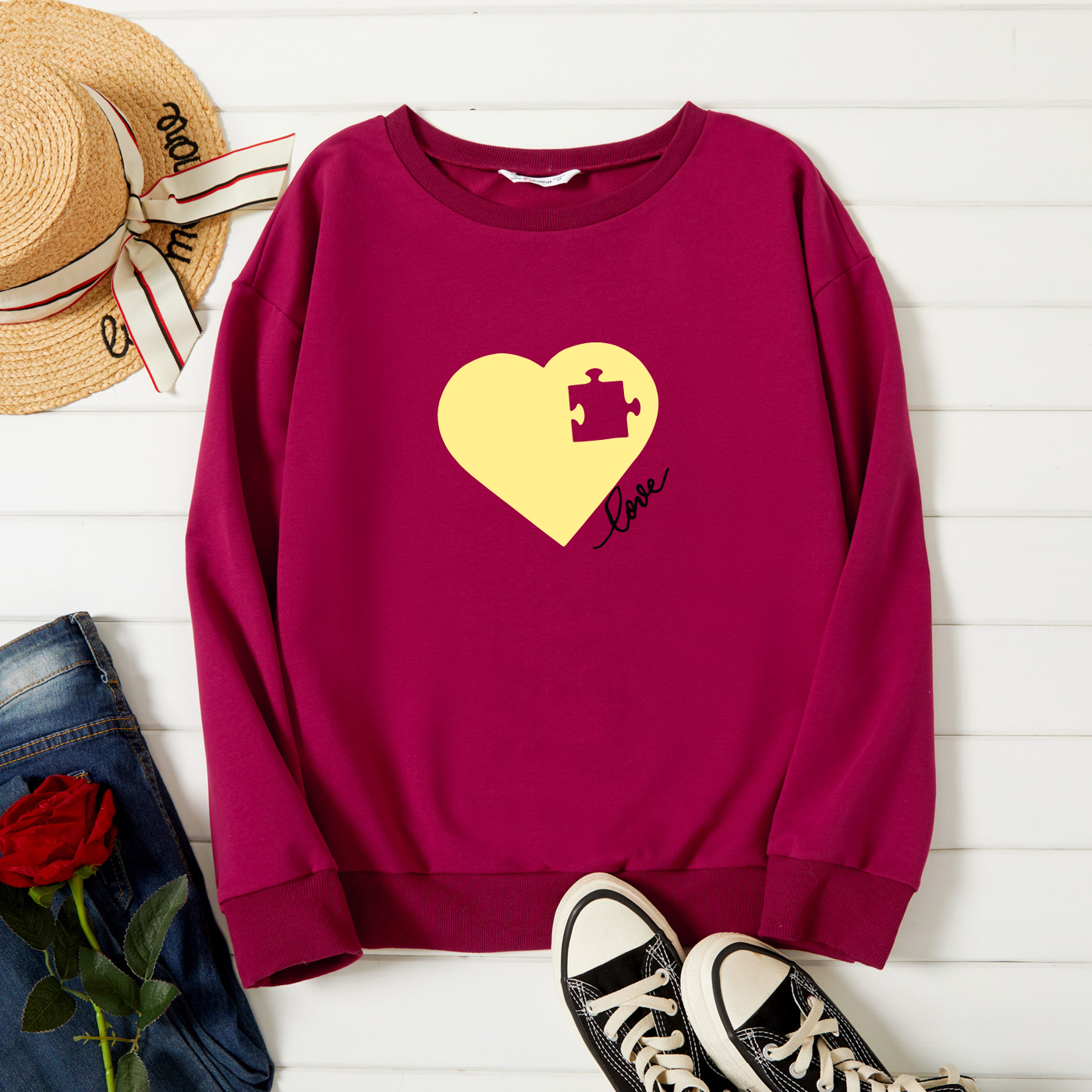 

Graphic Burgundy Long-sleeve Pullover For Women