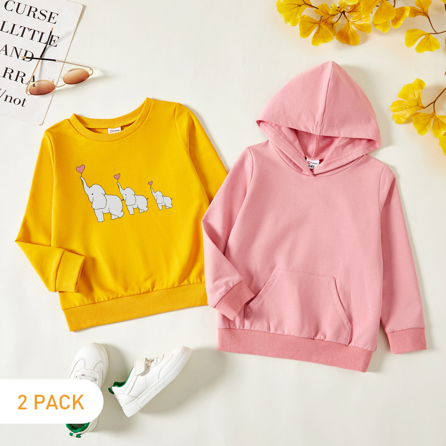 

2-Pack Toddler Graphic Elephant and Heart Print Long-sleeve Pullover & Hooded Pullover Set