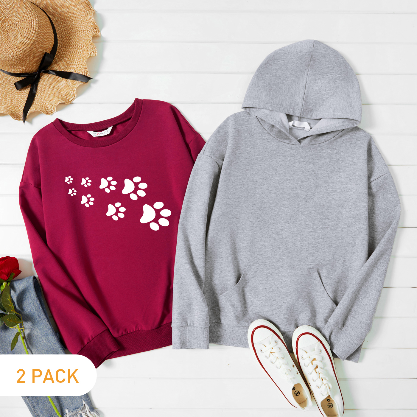 

2-Pack Women Graphic Footprint Print Long-sleeve Pullover & Hooded Pullover Set