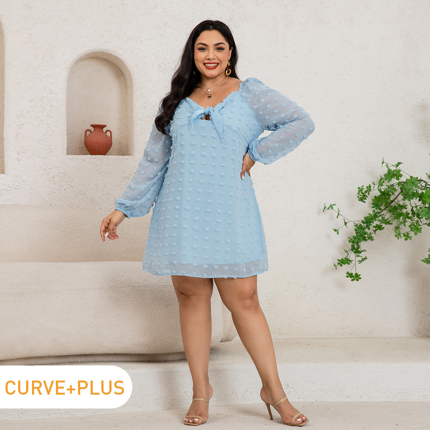 

Women Plus Size Elegant Low Cut V Neck Backless Bowknot Design Long-sleeve Blue Midi Dress