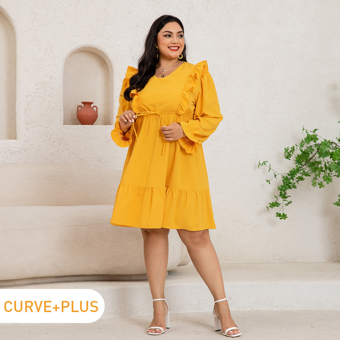 

Women Plus Size Casual Puff-sleeve V Neck Ruffle Hem Solid Short Dress