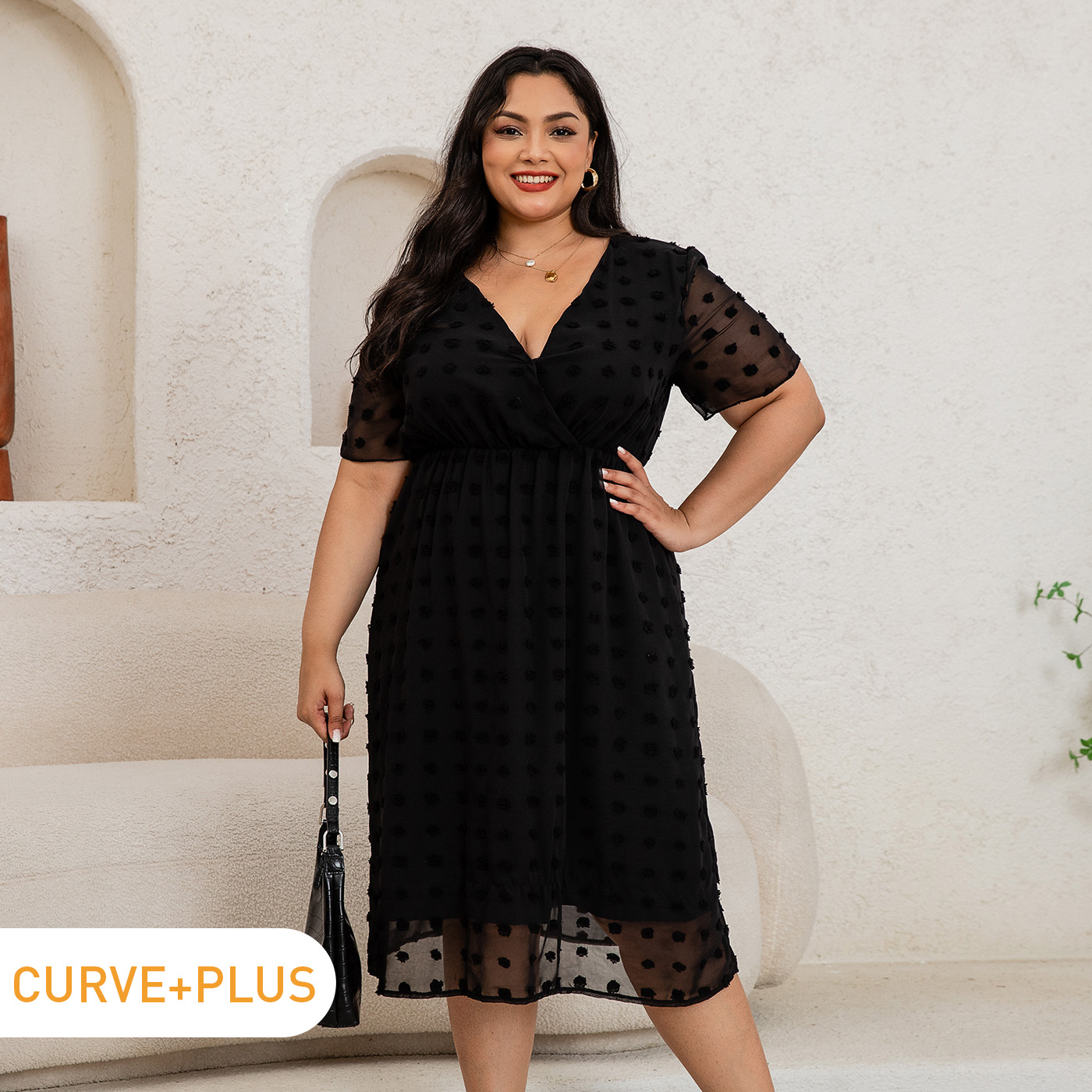 

Women Plus Size Elegant Surplice Neck Embroidered Short-sleeve Black Midi Dress