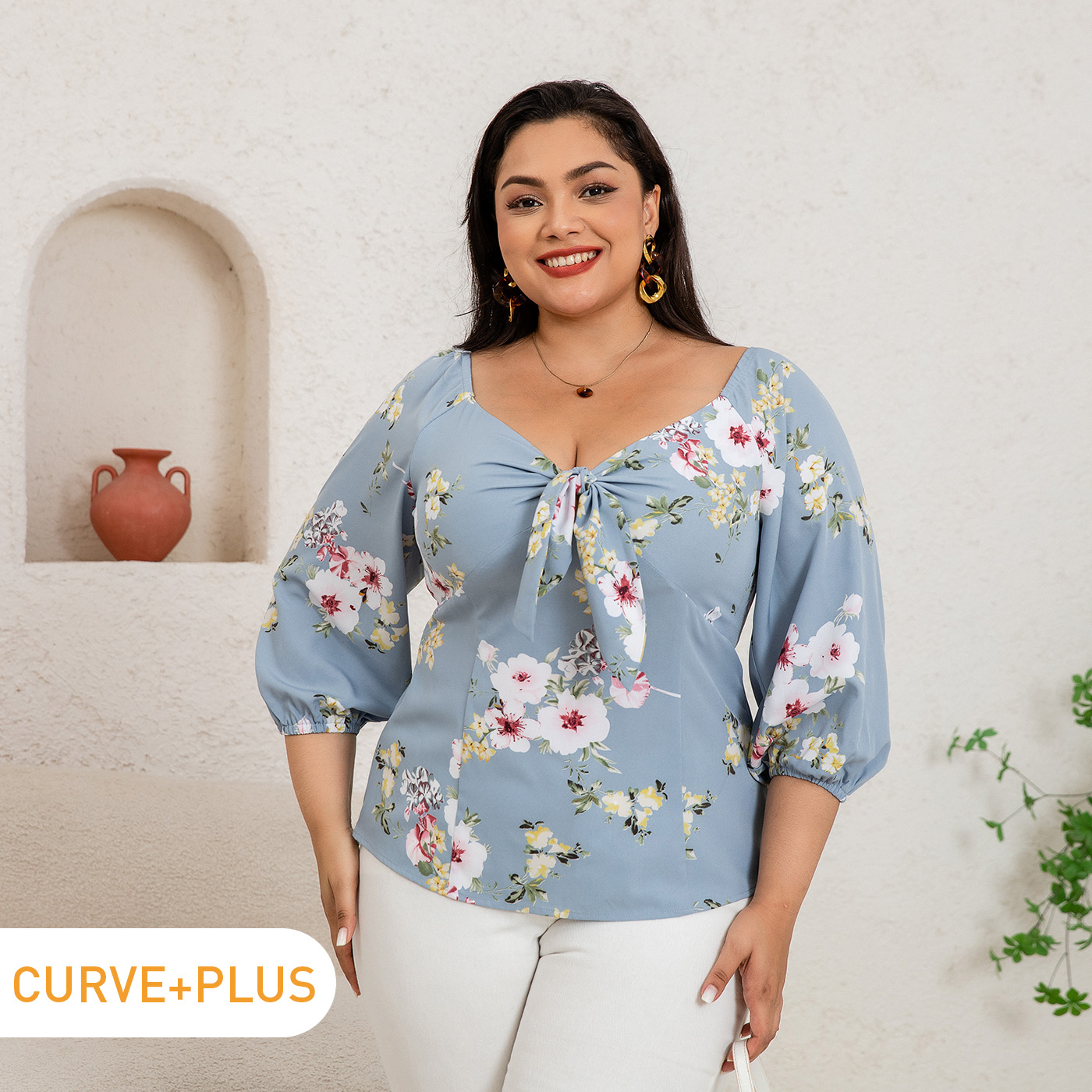 

Women Plus Size Elegant Floral Print Sweetheart Collar Backless Tie Front Long-sleeve Denim Blouse