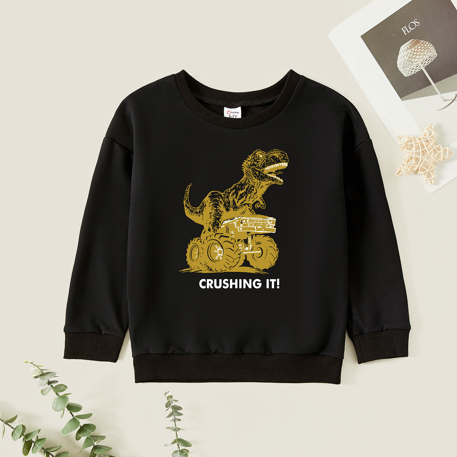 

Kid Boy Graphic Dinosaur and Truck and Letter Print Long-sleeve Pullover