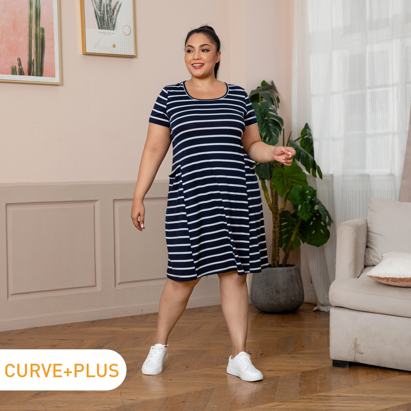 

Women Plus Size Basics Striped U Collar Sleeveless Side Pocket Midi Dress
