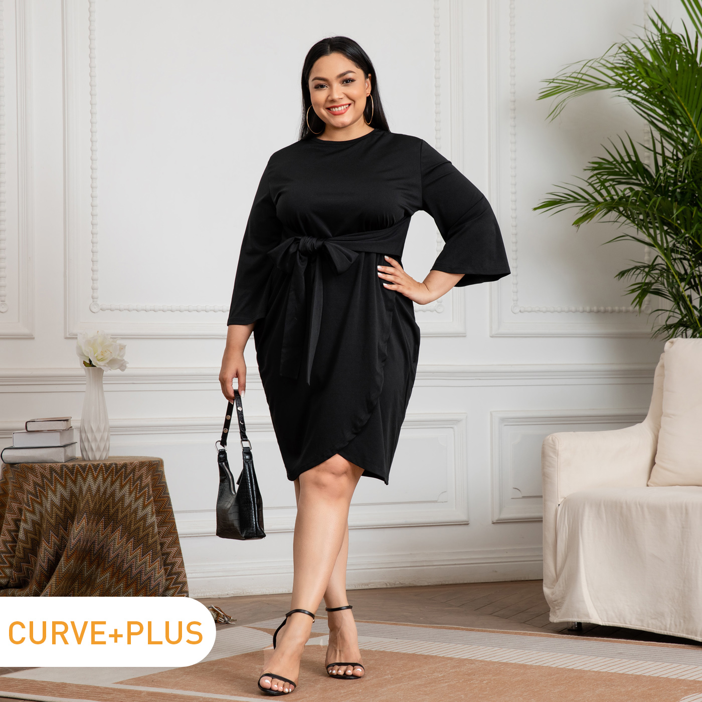 

Women Plus Size Elegant Long-sleeve Belted Black Wrap Dress