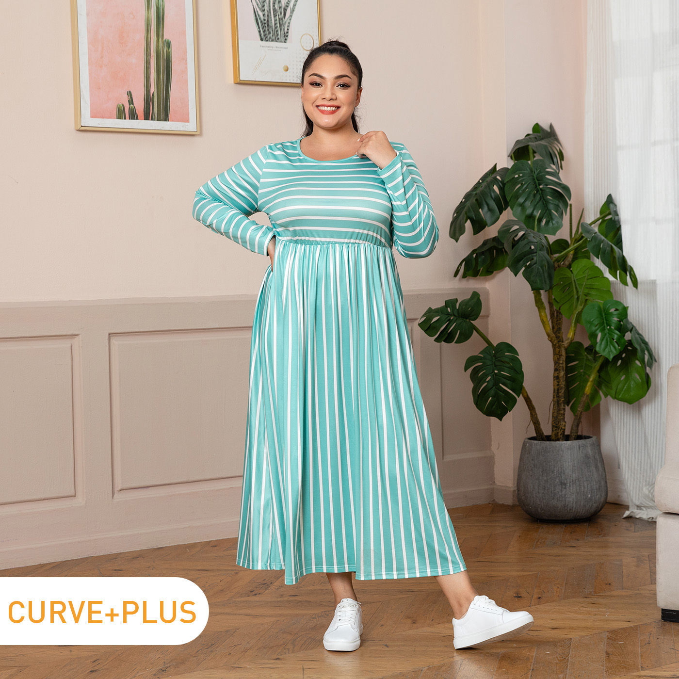 

Women Plus Size Casual Stripe Round-collar Short-sleeve Maxi Dress