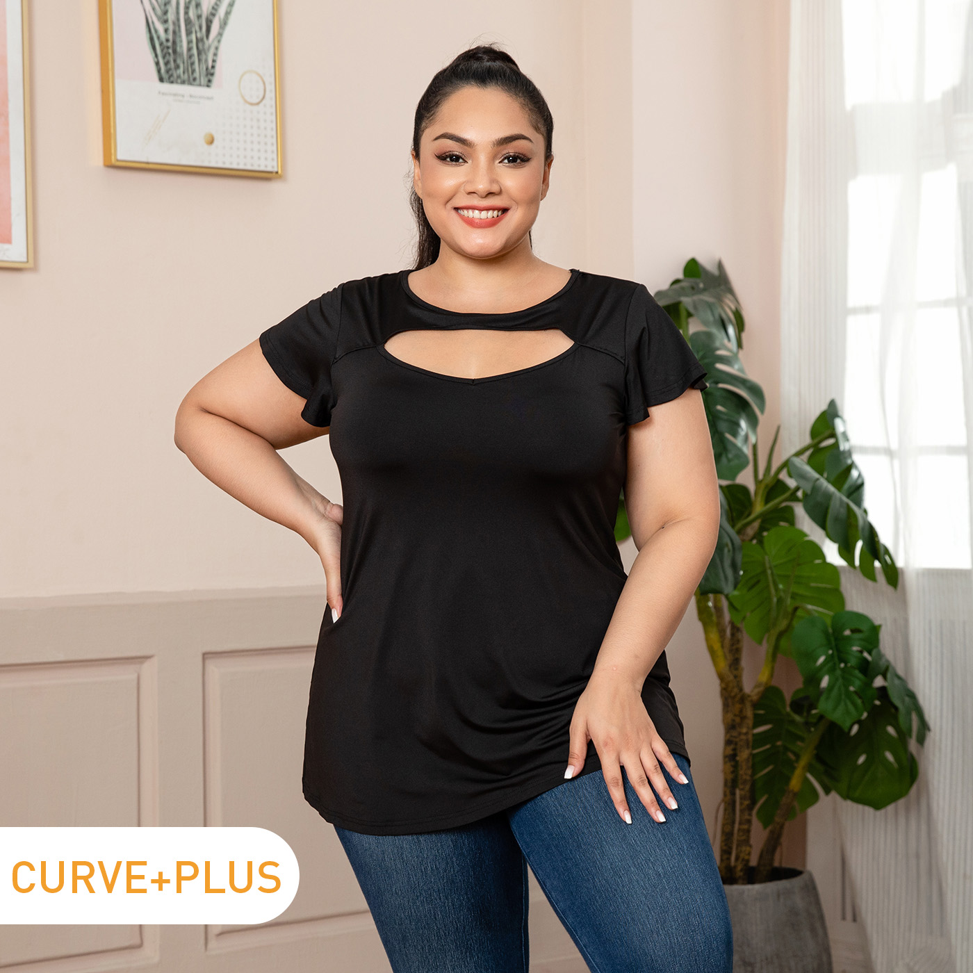

Women Plus Size Elegant Cut Out Front Short-sleeve Black T-shirt