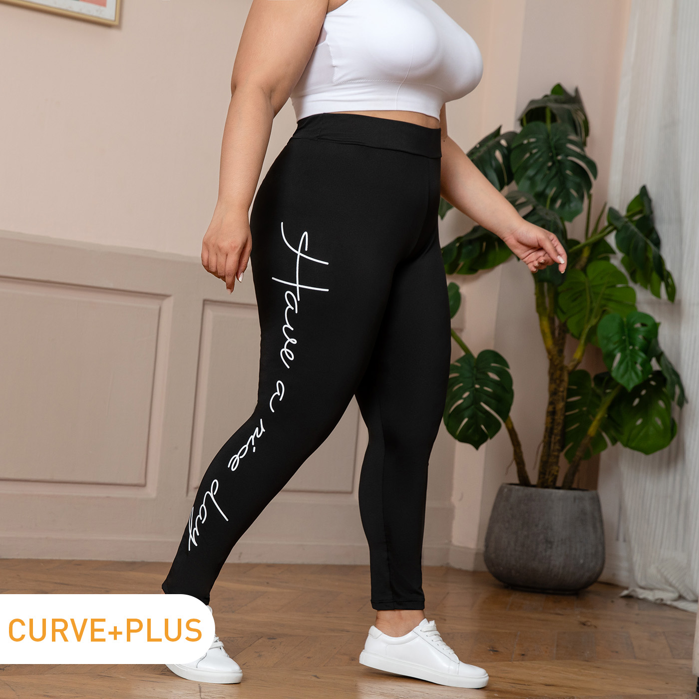 

Women Plus Size Sporty Letter Print High Waist Black Leggings