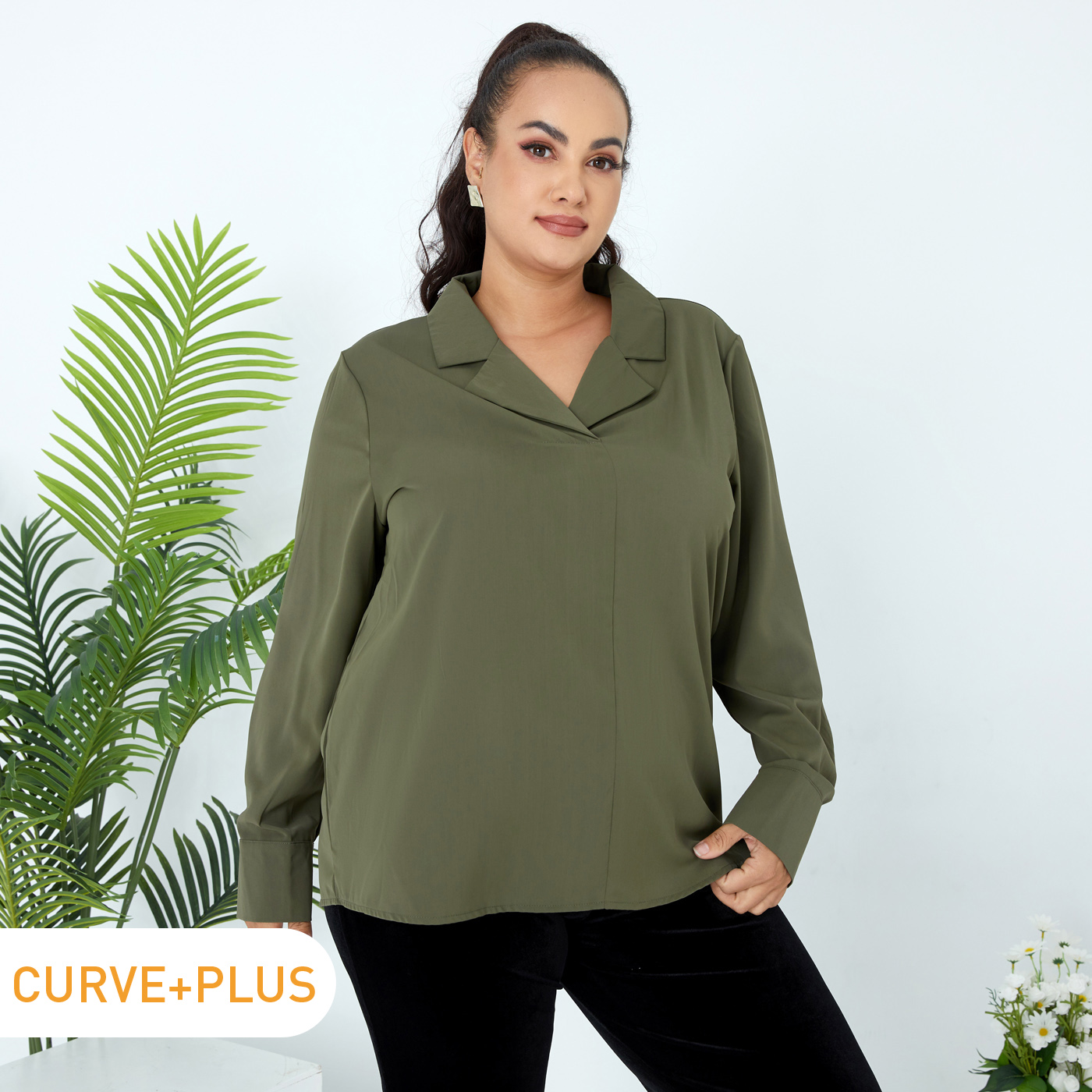 

Women Plus Size Elegant Lapel Collar V Neck Long-sleeve Army Green Shirt