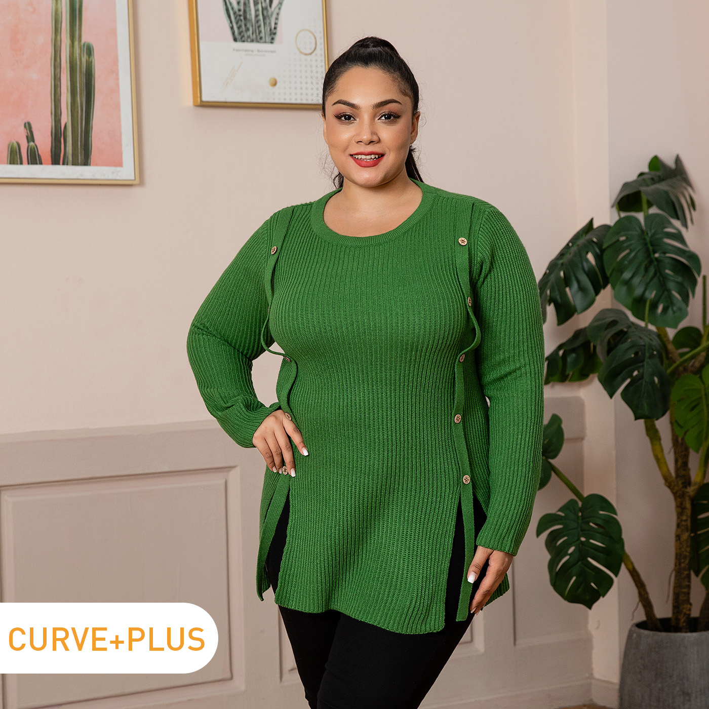 

Women Plus Size Casual Round Neck Button Design Side Slit Green Knit Sweater