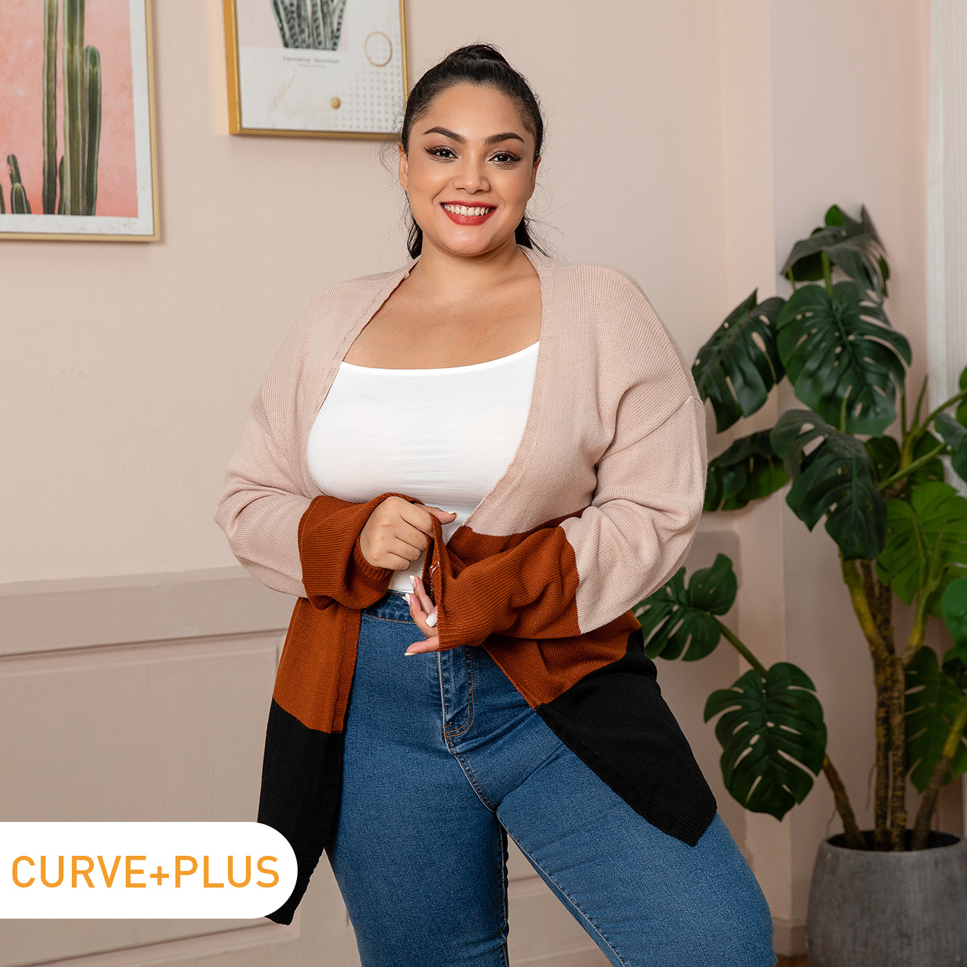 

Women Plus Size Casual V Neck Colorblock Coat Sweater