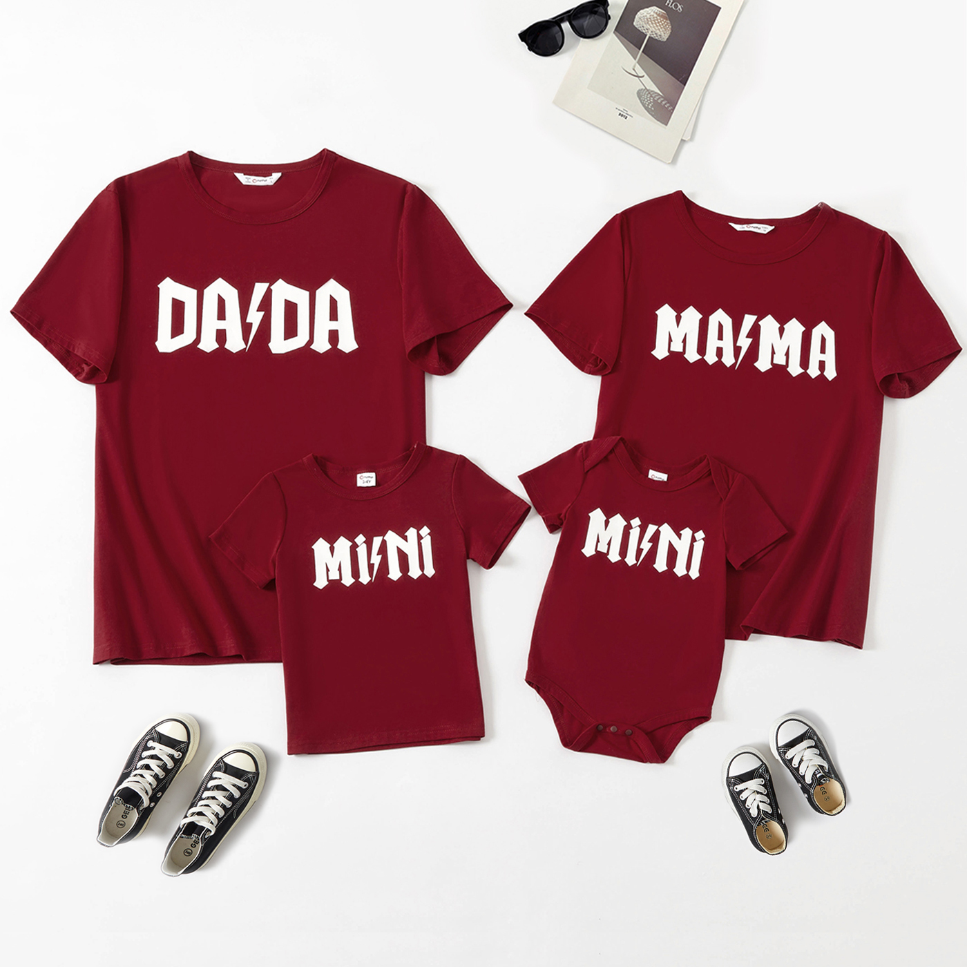 

Solid Letter Print Short-sleeve Family Matching Burgundy Tops