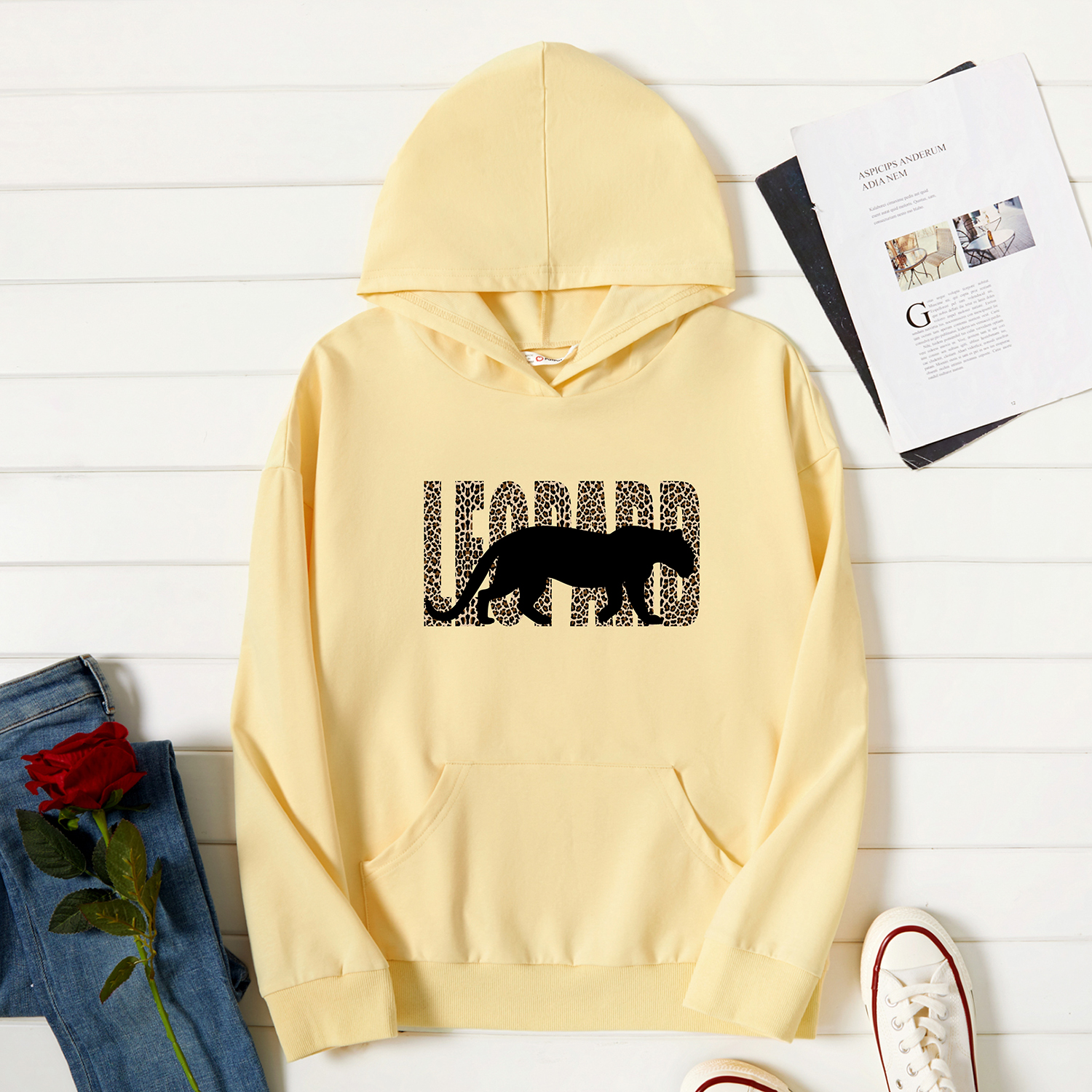 

Graphic Beige Long-sleeve Hooded Pullover For Women