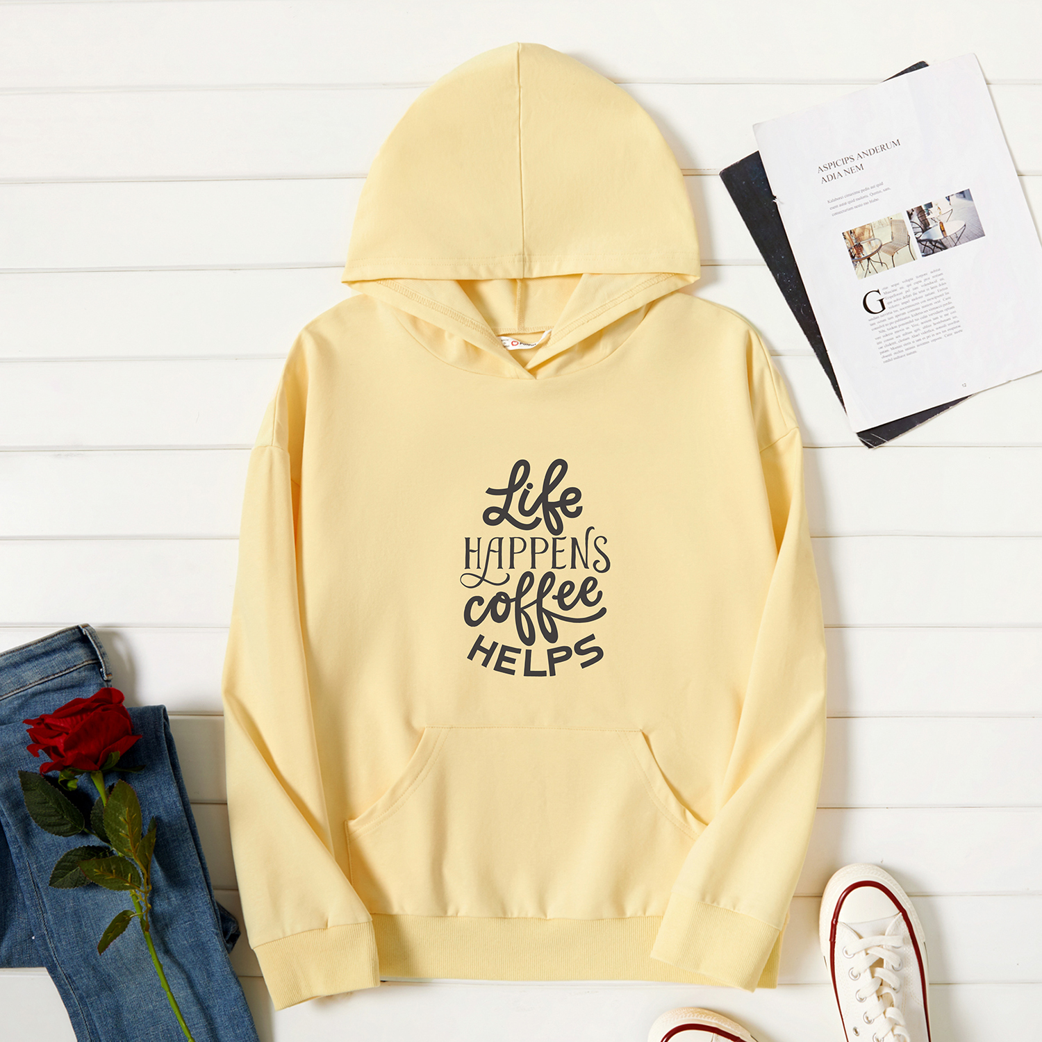 

Graphic Beige Long-sleeve Hooded Pullover For Women