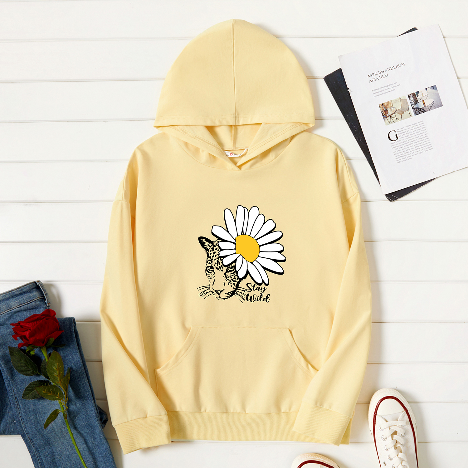 

Graphic Beige Long-sleeve Hooded Pullover For Women