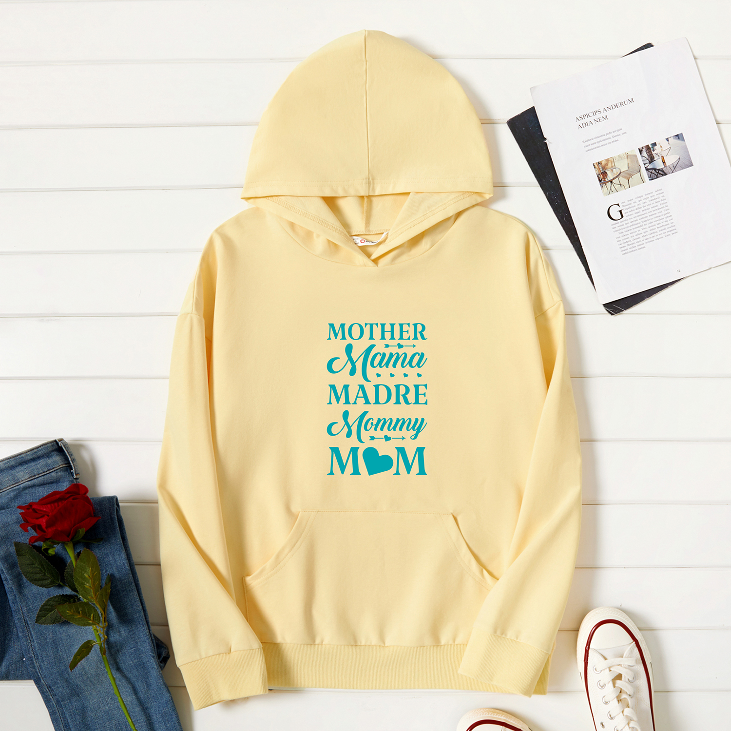 

Graphic Beige Long-sleeve Hooded Pullover For Women
