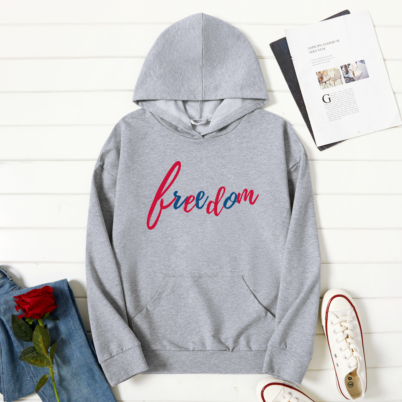 

Graphic Light gray Long-sleeve Hooded Pullover For Women