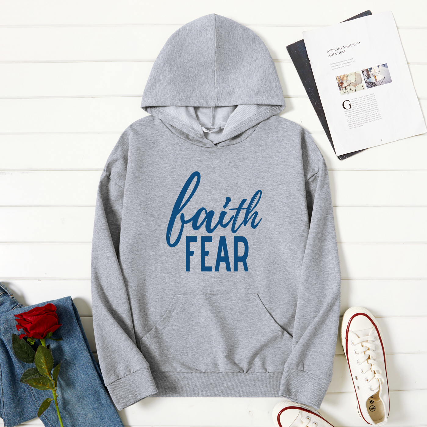

Graphic Light gray Long-sleeve Hooded Pullover For Women