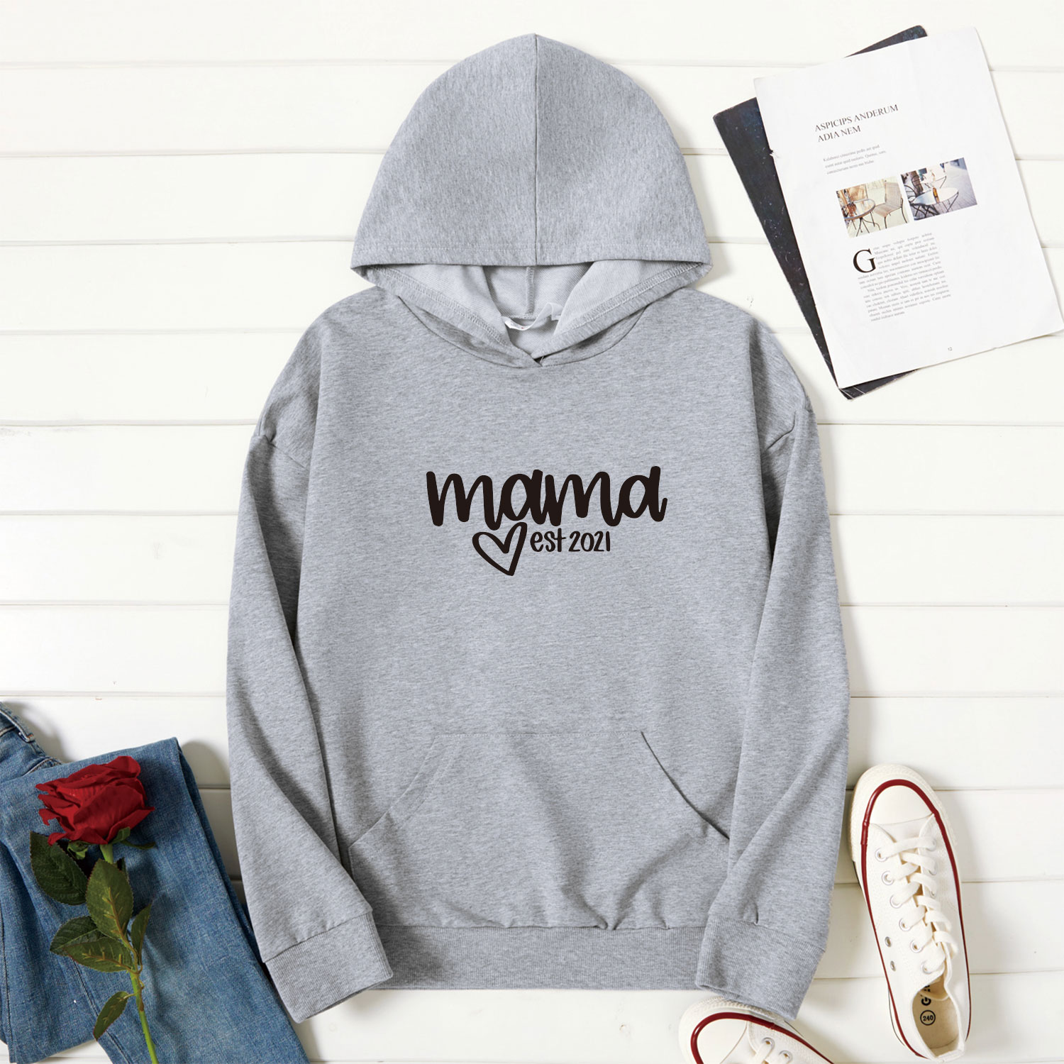 

Graphic Light gray Long-sleeve Hooded Pullover For Women