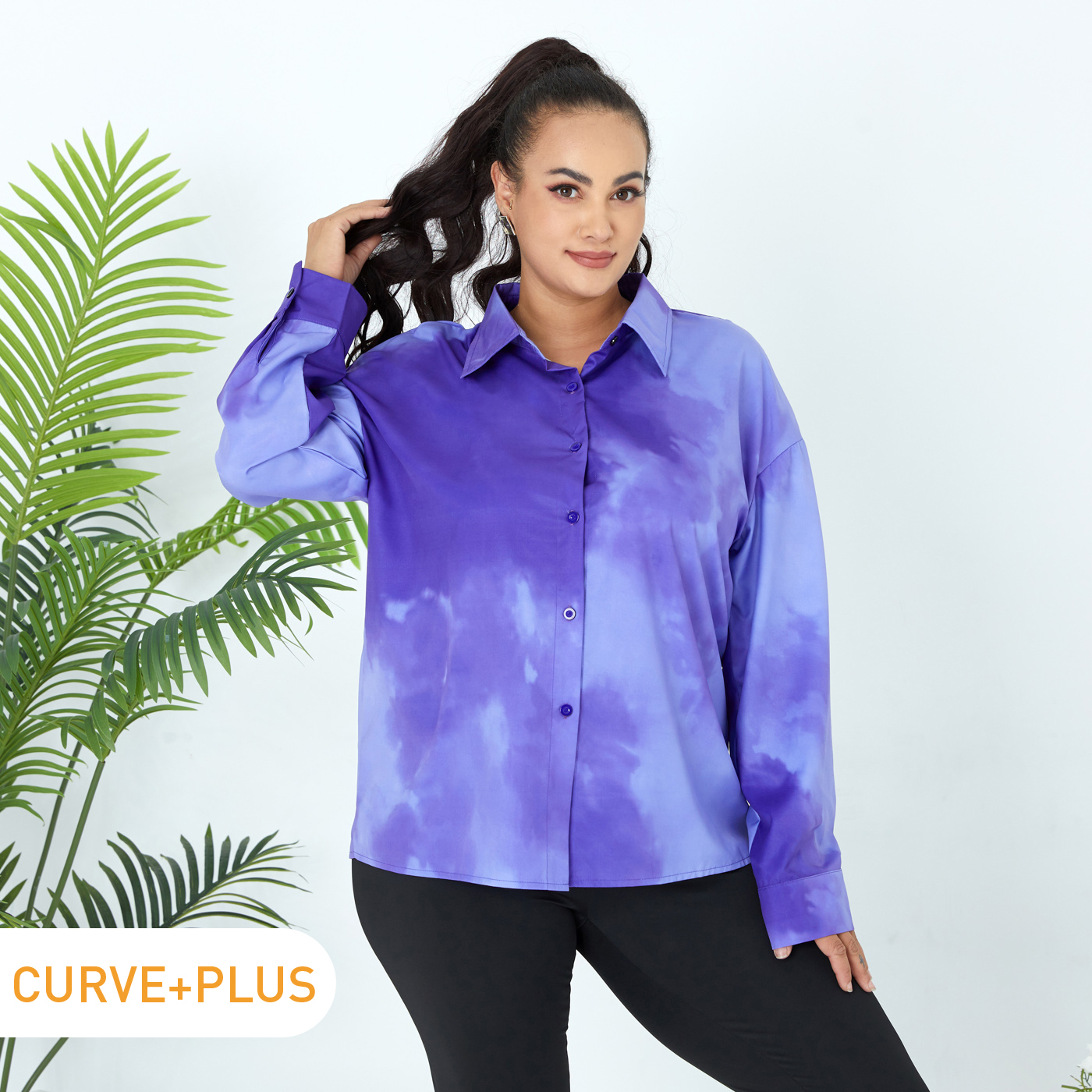 

Women Plus Size Elegant Tie Dye Lapel Collar Button Down Tie Knot Shirt