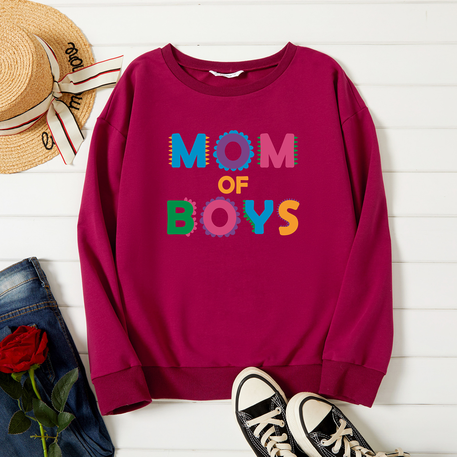 

Graphic Burgundy Long-sleeve Pullover For Women