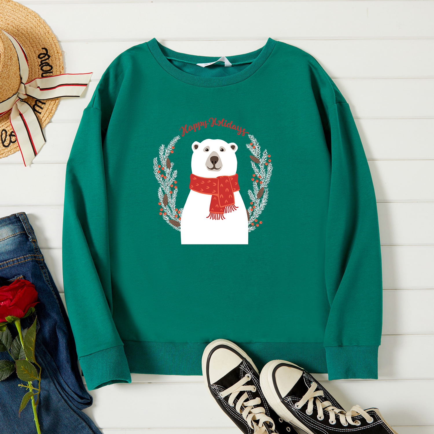 

Graphic Green Long-sleeve Pullover For Women