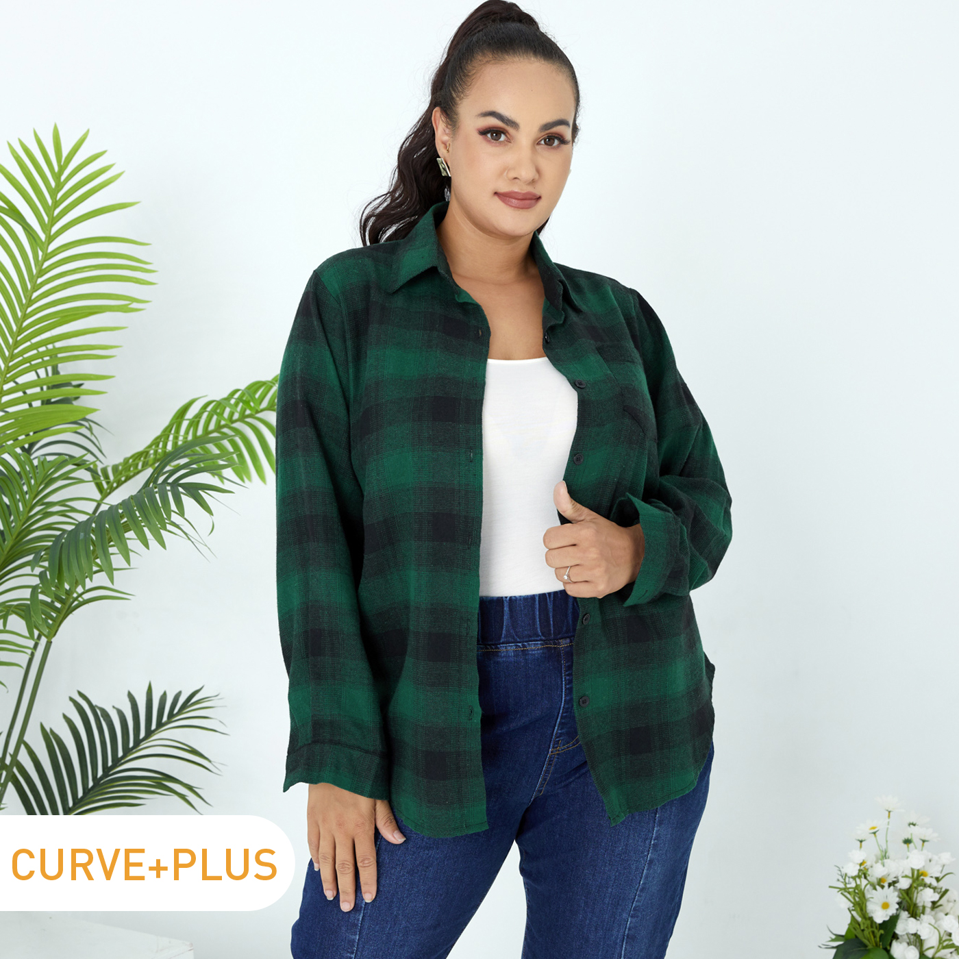 

Women Plus Size Casual Christmas Lapel Collar Button Down Long-sleeve Dark Green Plaid Shirt with Pocket