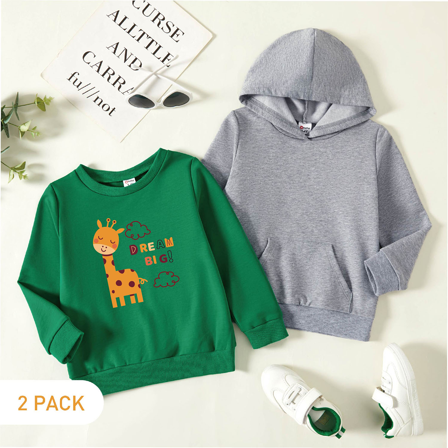 

2-Pack Toddler Graphic Giraffe and Cloud and Letter Print Long-sleeve Pullover