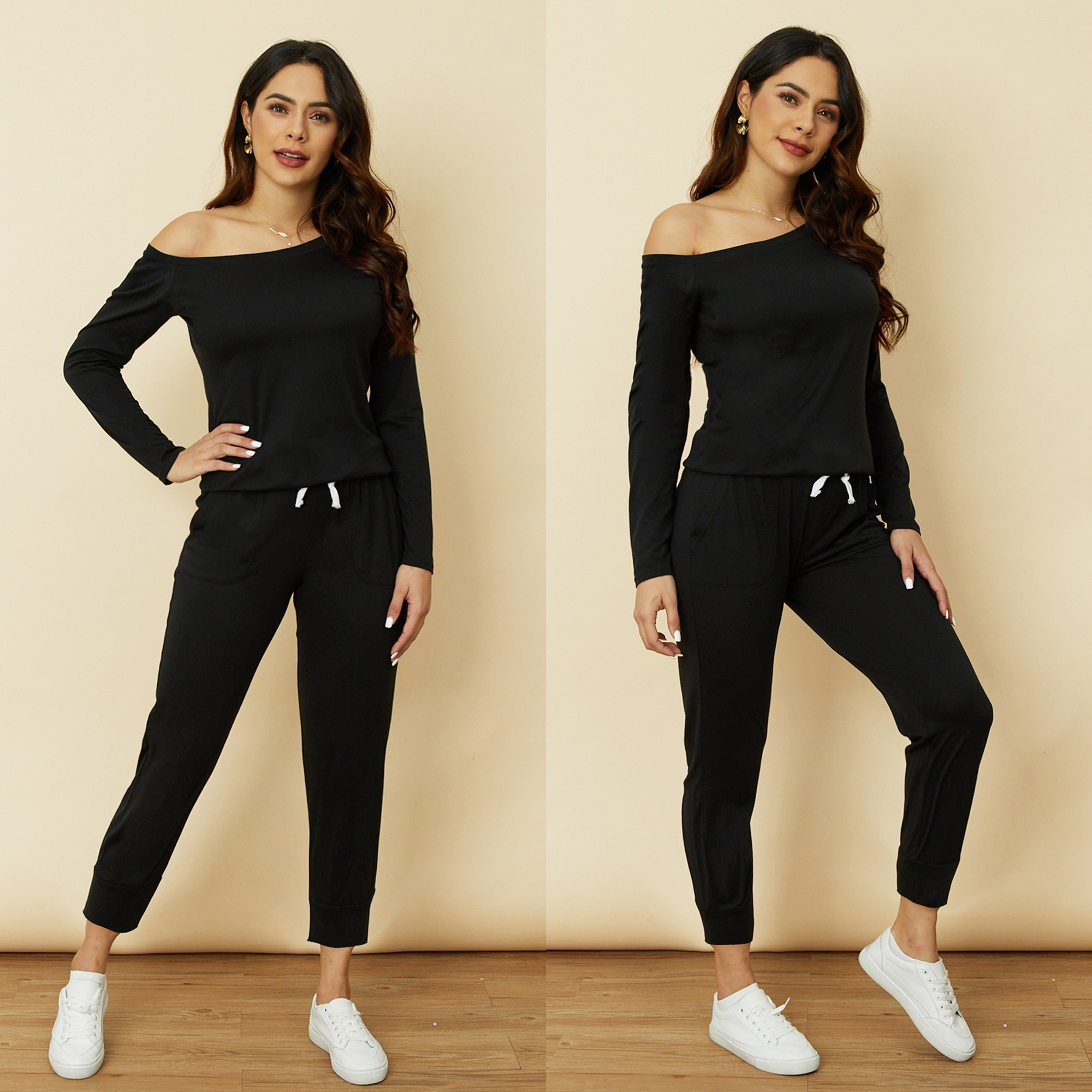 

Solid Cold Shoulder Long-sleeve Jumpsuit