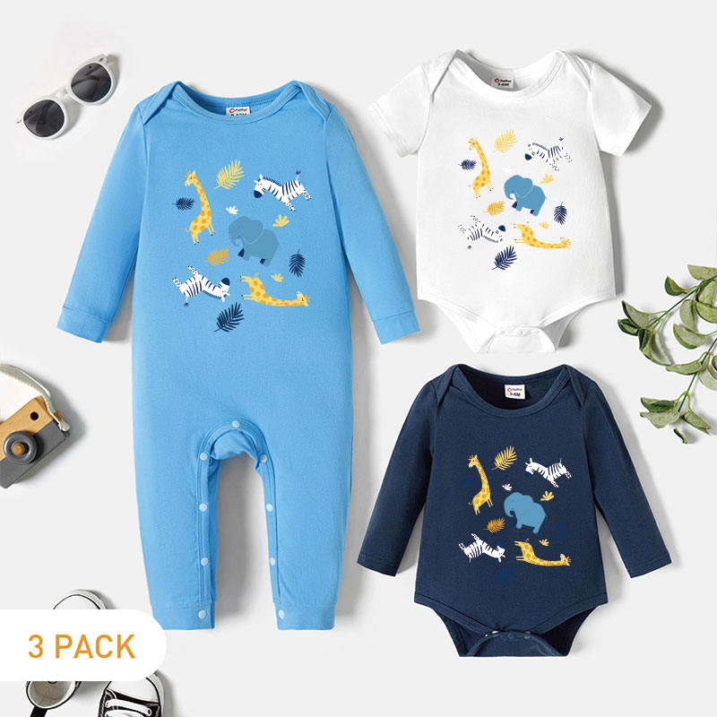 

3-Pack Baby Graphic Animal and Leaf Print Long-sleeve & Short-sleeve Romper Jumpsuit Set