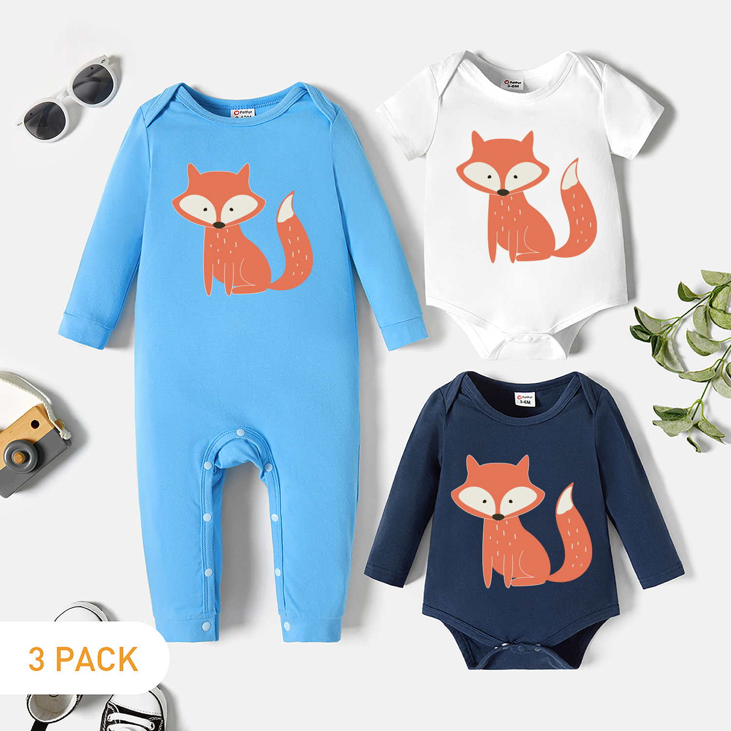

3-Pack Baby Graphic Fox Print Romper Jumpsuit Set