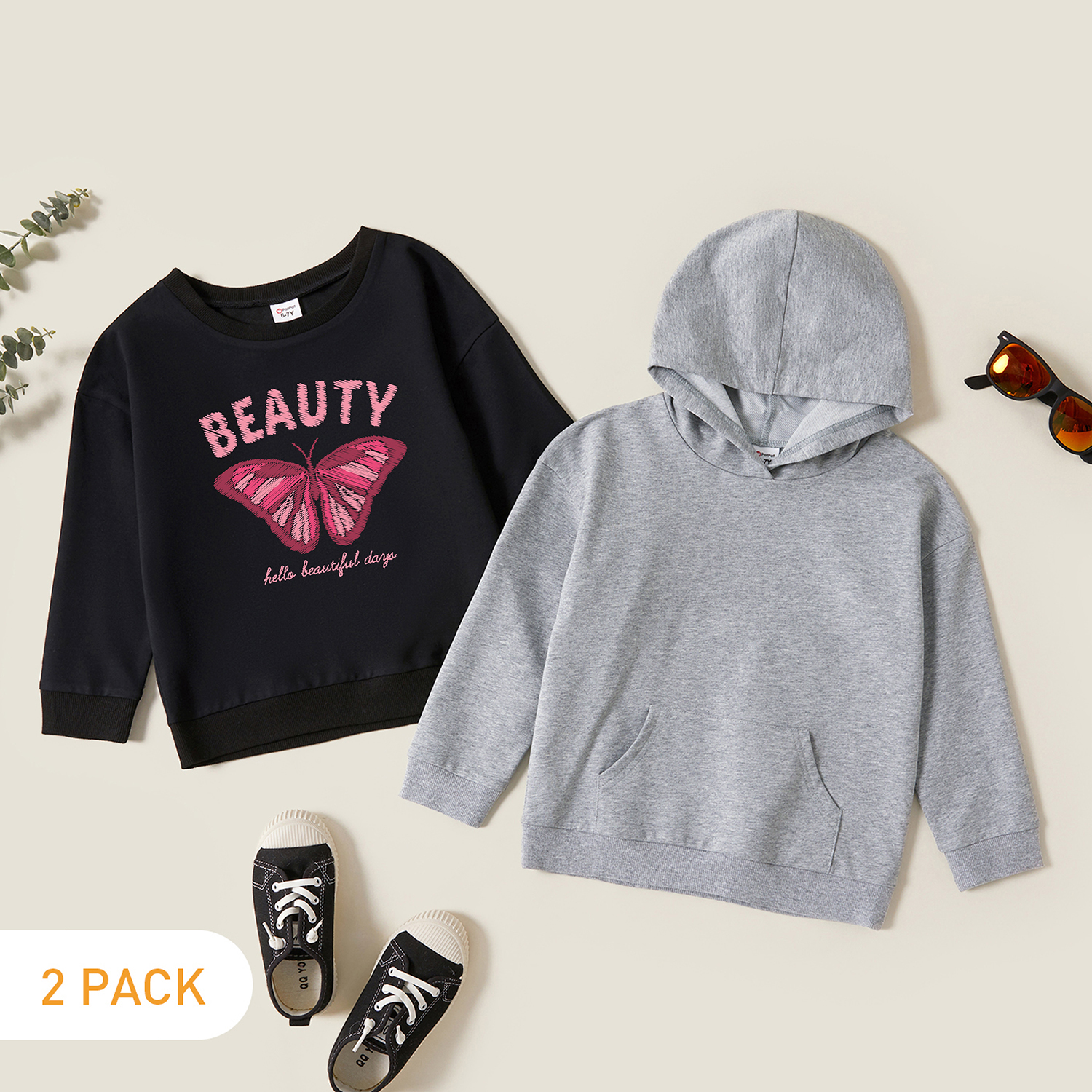 

2-Pack Kid Girl Graphic Letter and Butterfly Print Long-sleeve Pullover & Hooded Pullover Set