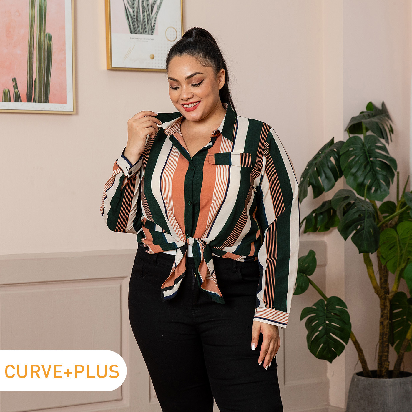 

Women Plus Size Stripe Lapel Collar Button Down Long-sleeve Casual Shirt