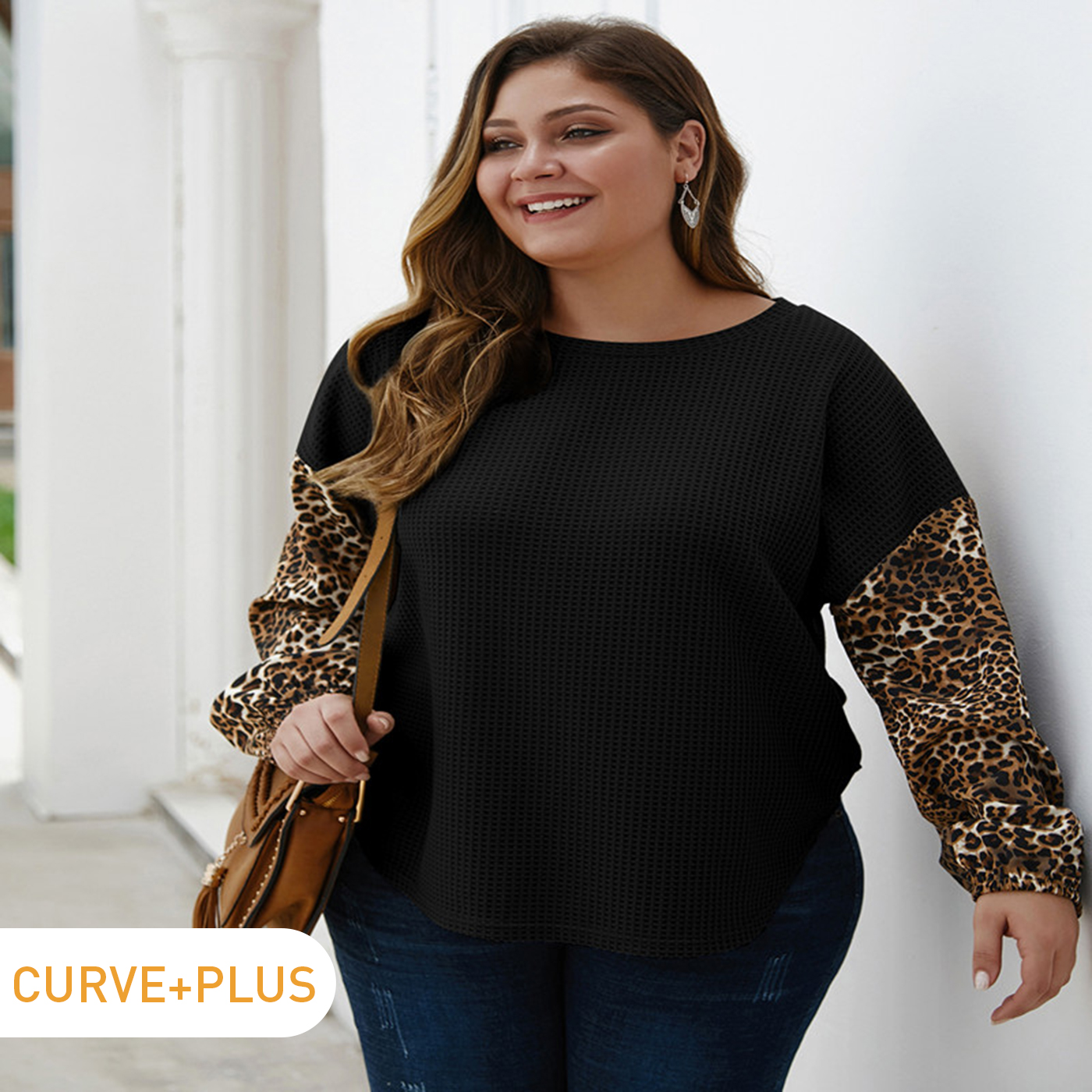 

Women Plus Size Vacation Waffle Leopard Print Long-sleeve Sweater