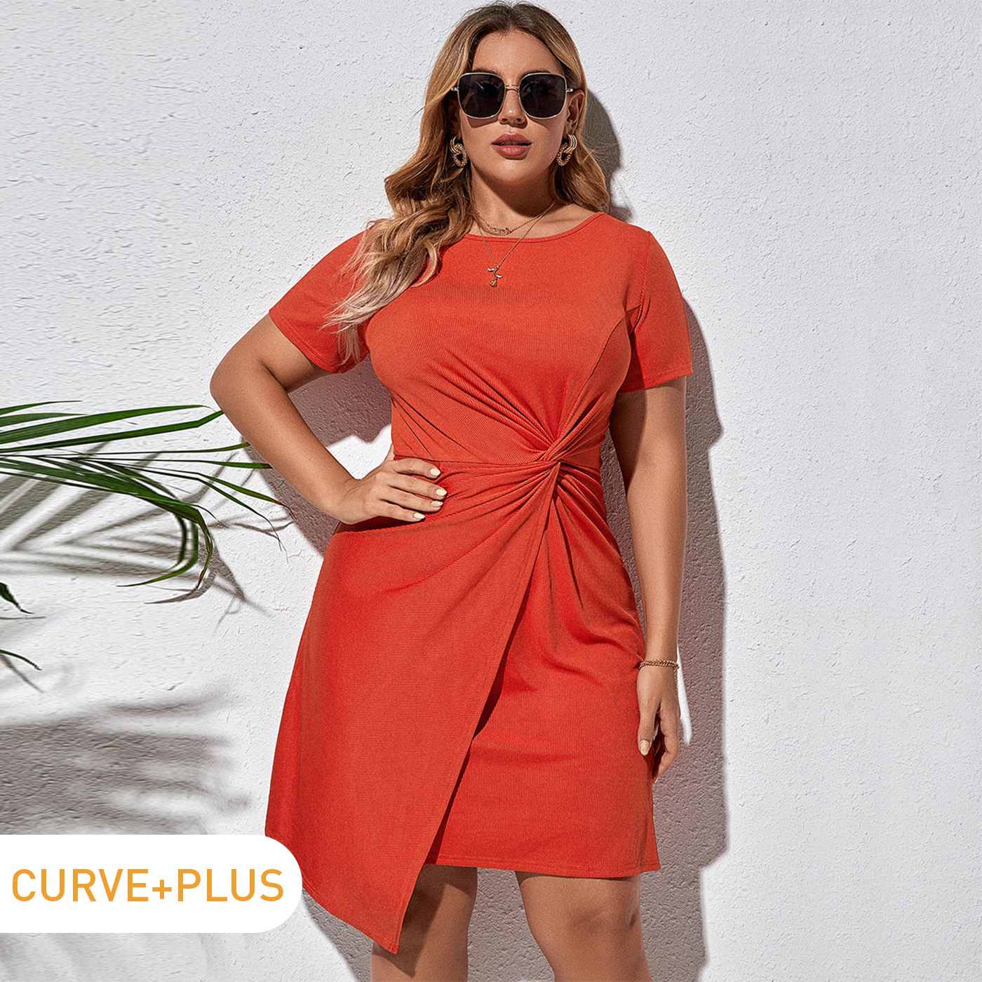 

Women Plus Size Elegant Twist Front Irregular Orange Midi Dress