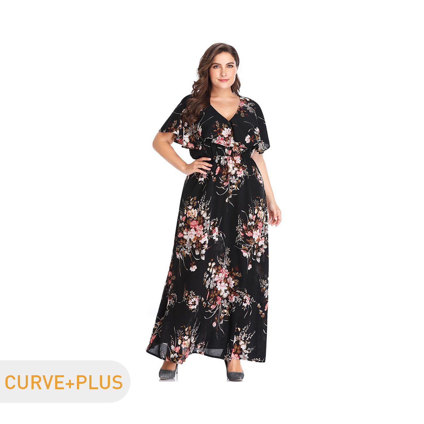 

Women Plus Size Vacation Floral Print V Neck Butterfly Sleeve Waisted Midi Dress
