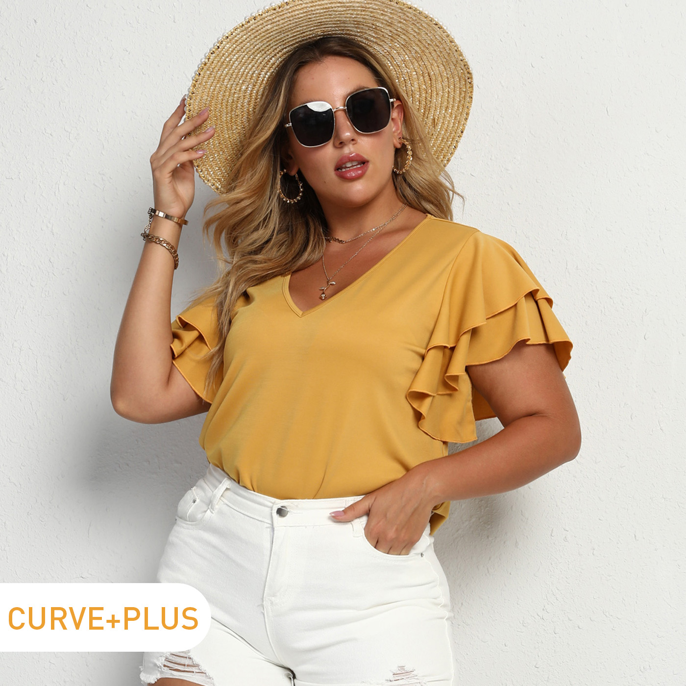 

Women Plus Size Casual V Neck Short Layered Sleeve Yellow T-shirt