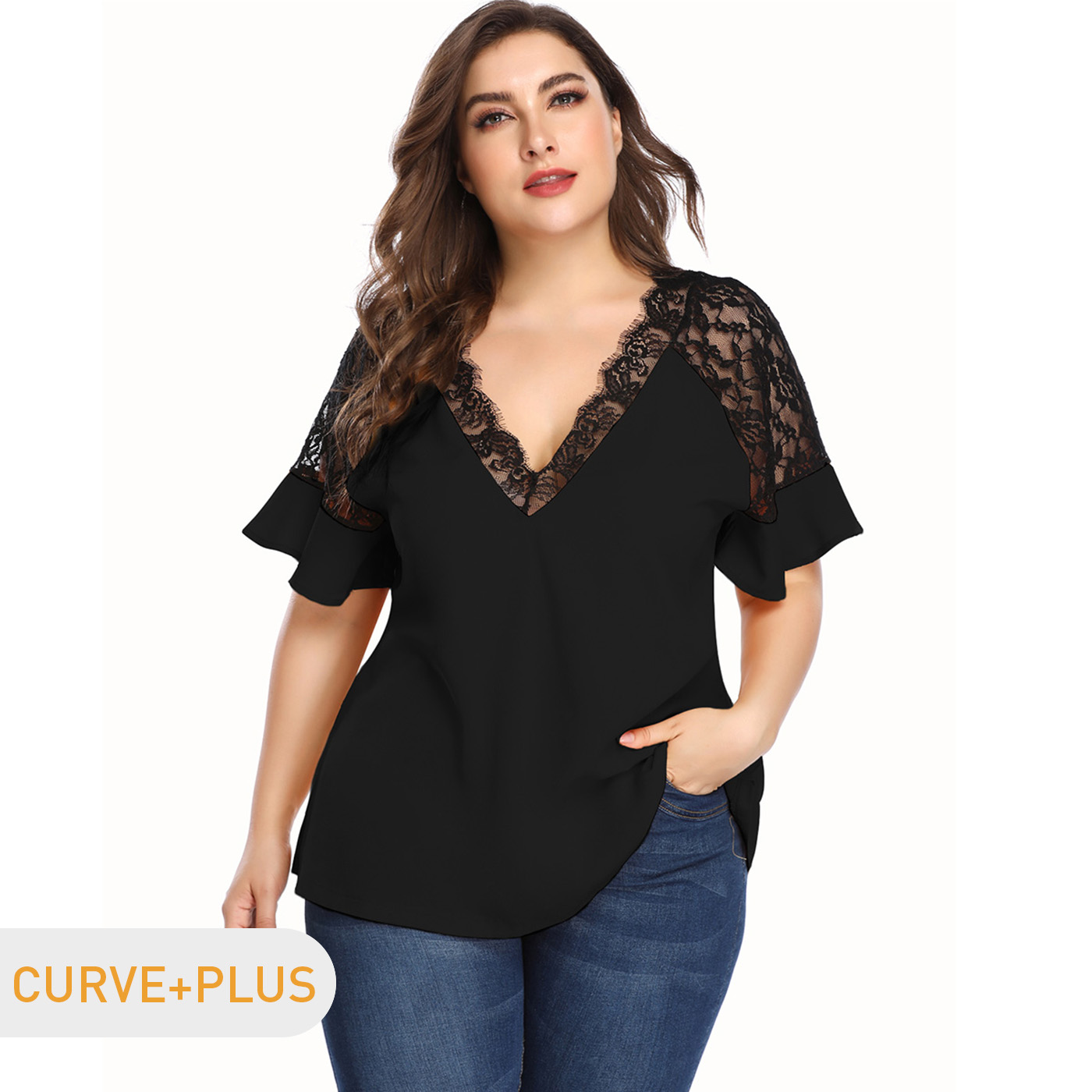 

Women Plus Size Elegant V Neck Lace Design Short-sleeve Black T-shirt