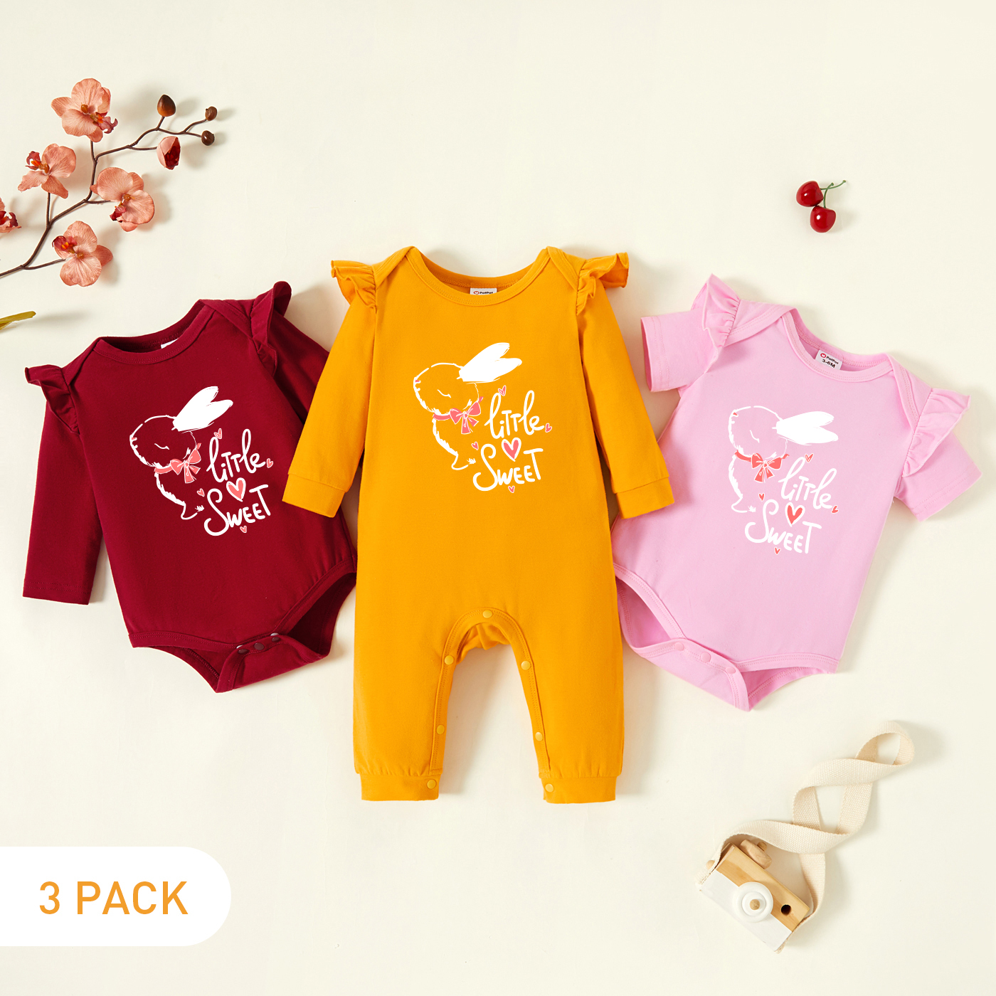 

3-Pack Baby Graphic Flutter-sleeve Romper and Jumpsuit Set