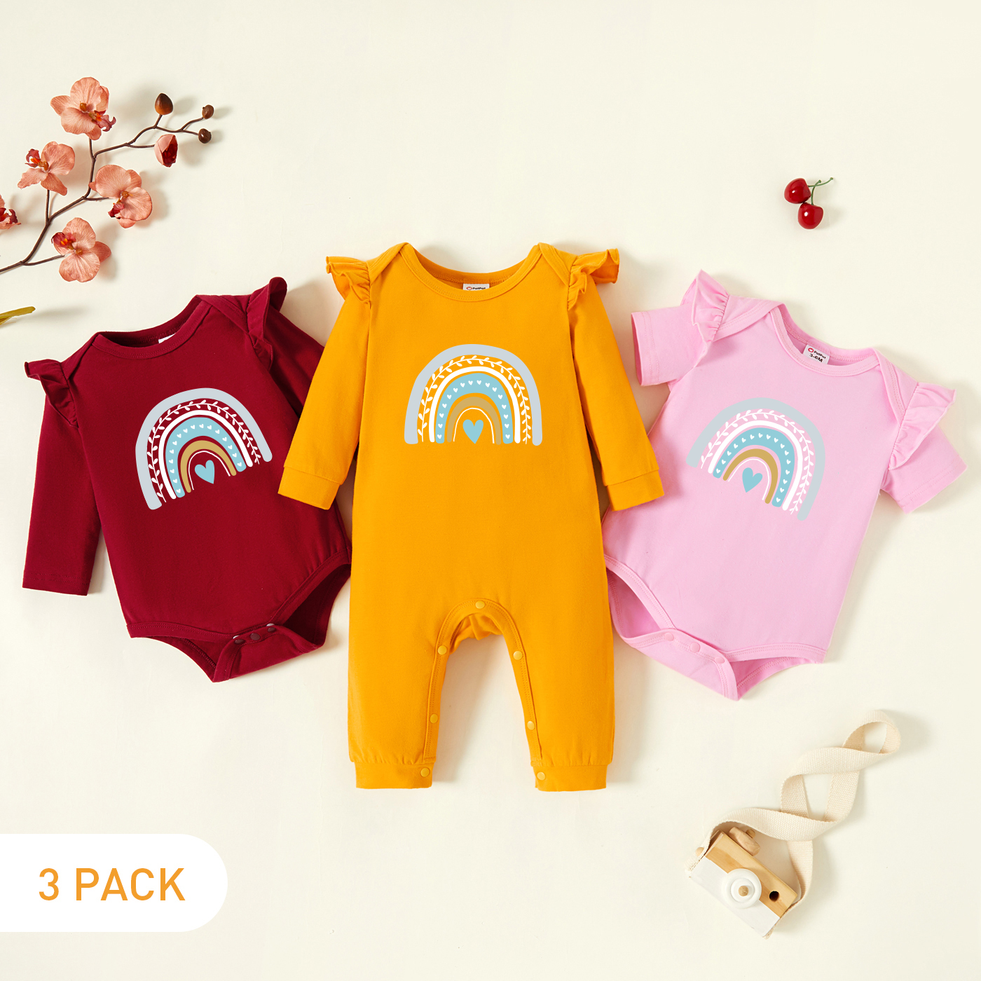 

3-Pack Baby Graphic Flutter-sleeve Romper and Jumpsuit Set