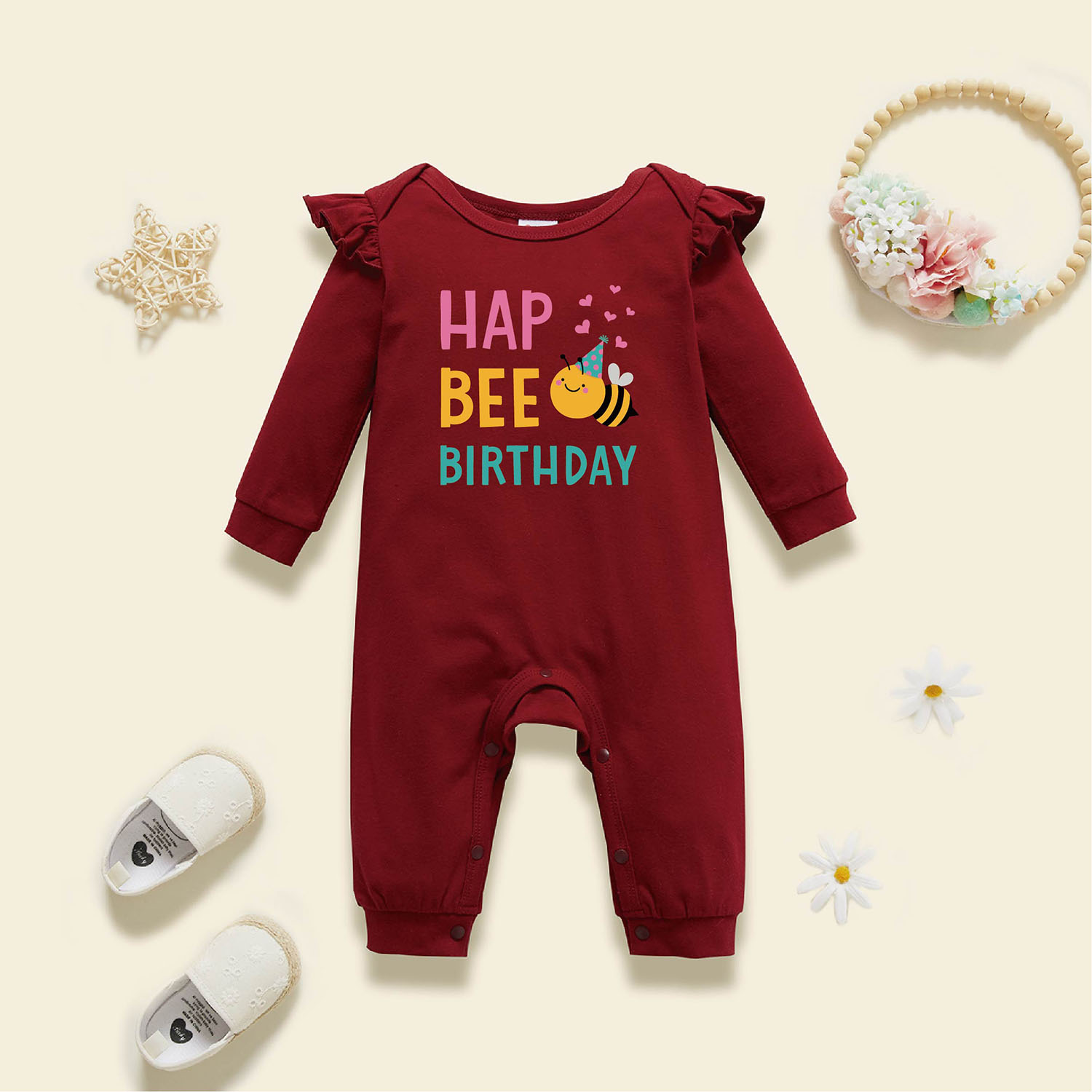 

Baby Graphic Flutter-sleeve Burgundy Long-sleeve Jumpsuit