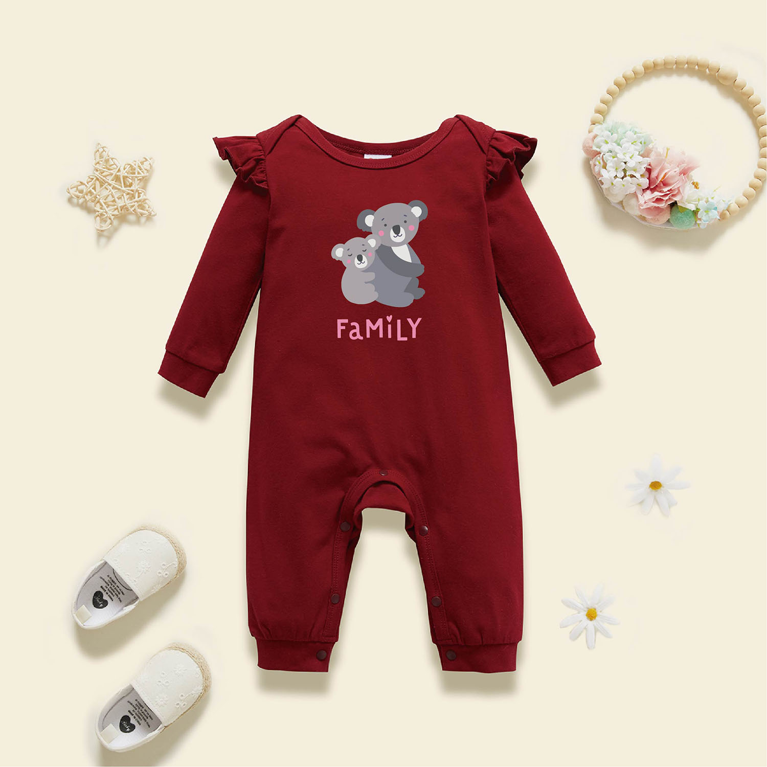 

Baby Graphic Flutter-sleeve Burgundy Long-sleeve Jumpsuit