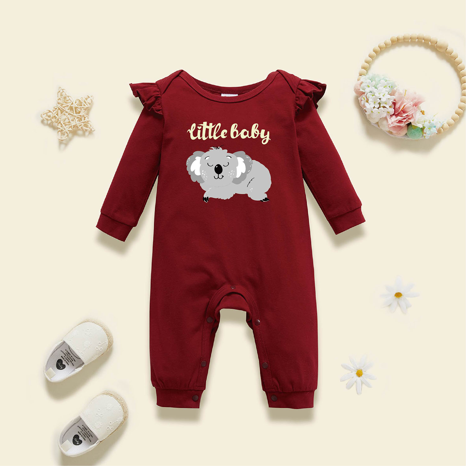 

Baby Graphic Flutter-sleeve Burgundy Long-sleeve Jumpsuit